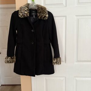 Style & Co. Black Pea Coat with Leopard Faux Fur Trim